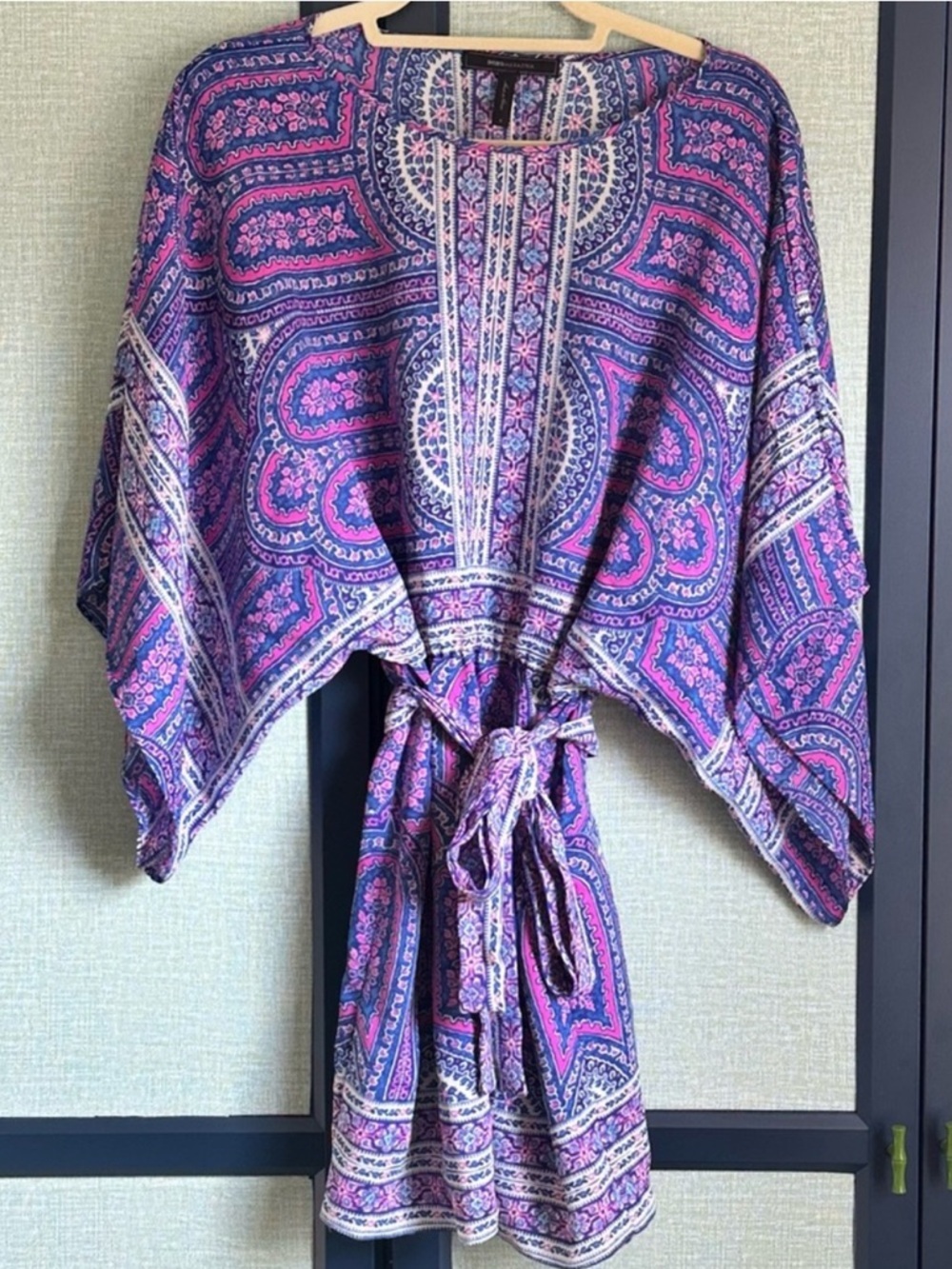 BCBG Kimono Sleeve Blue + Purple Boho Paisley Tribal Print Mini Dress, Size S